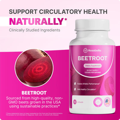 Rosabella Organic Beetroot Capsules (1300mg) for Blood Flow & Heart Health Bogo Sub
