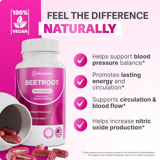 Rosabella Organic Beetroot Capsules (1300mg) for Blood Flow & Heart Health Bogo Sub